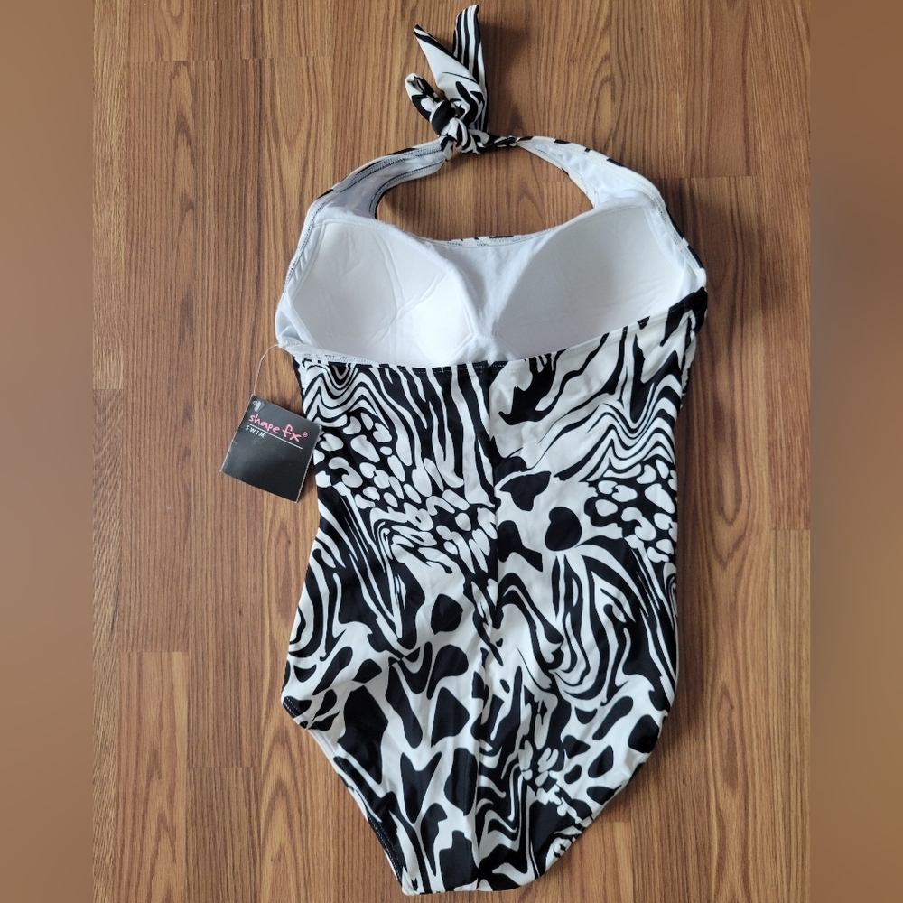 Shape Fx Women's White Black Abstract Halter Padded One-Piece Swimsuit Size 12 - Picture 3 of 8